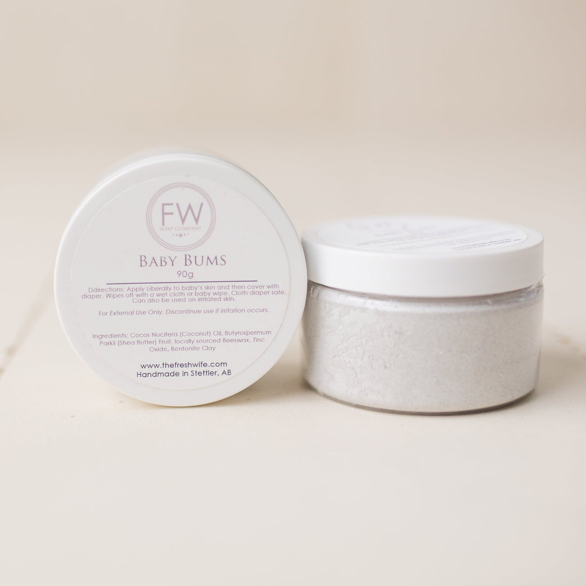 Fresh Wife Baby Bums diaper cream made with all natural ingredients.  Sold in an 120ml plastic jar.  